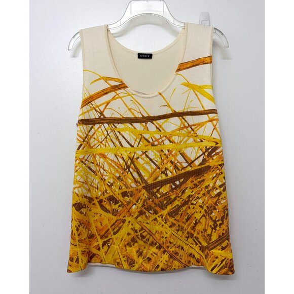 Akris Grass Print Silk Tank Top Sweater Yellow Straw Hay Stripe Sleeveless 10 - Picture 3 of 13